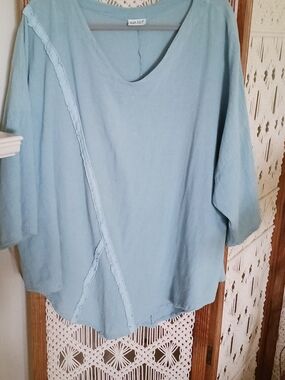 Oh My Gauze! Soft Cotton Gauze Aqua V-Neck Tunic with Braided Detail
